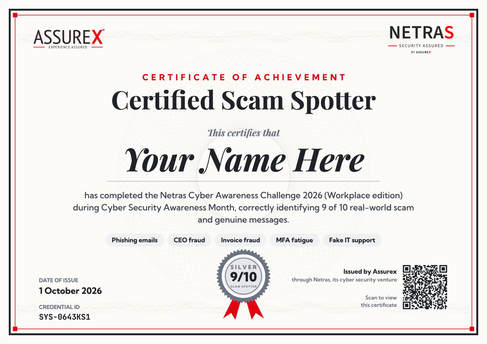 Sample Certified Scam Spotter certificate from Netras, an Assurex venture